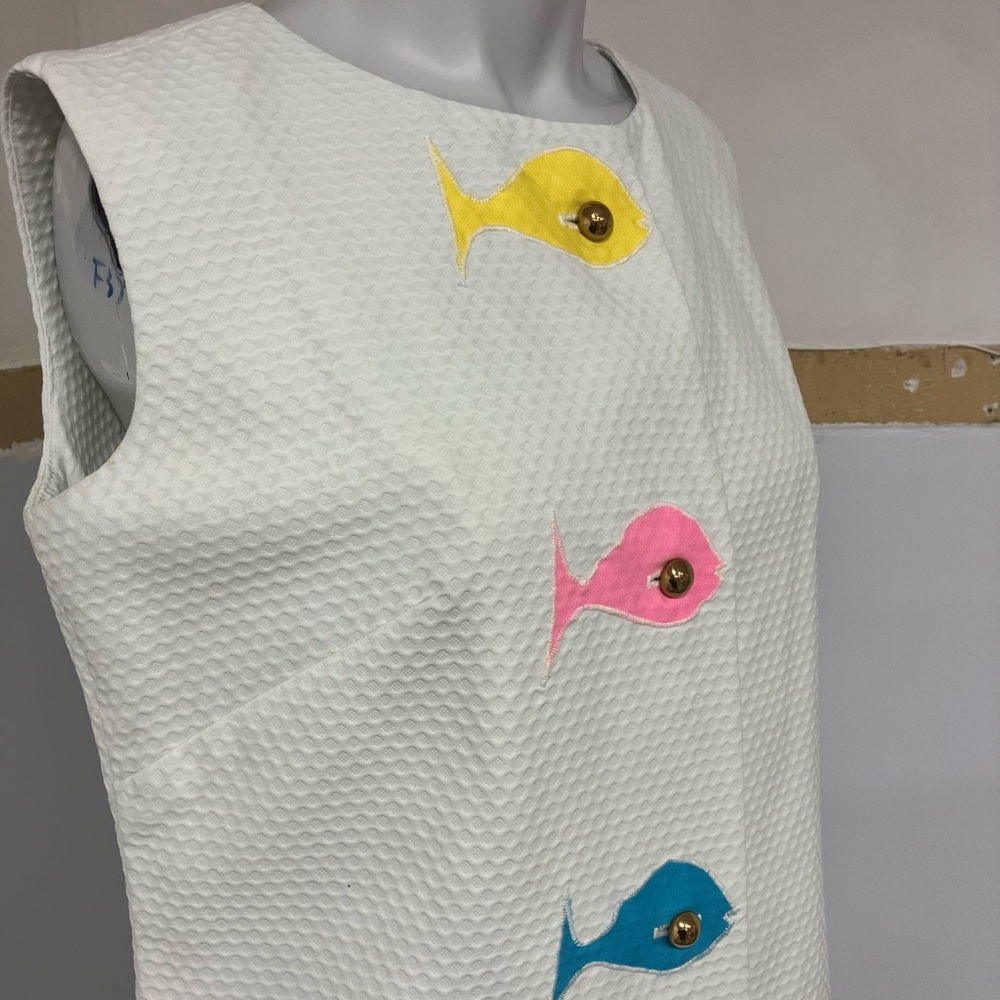 Vtg 80s Waffle Knit Big Buttons Fish Embroidery Dress - Picture 6 of 7